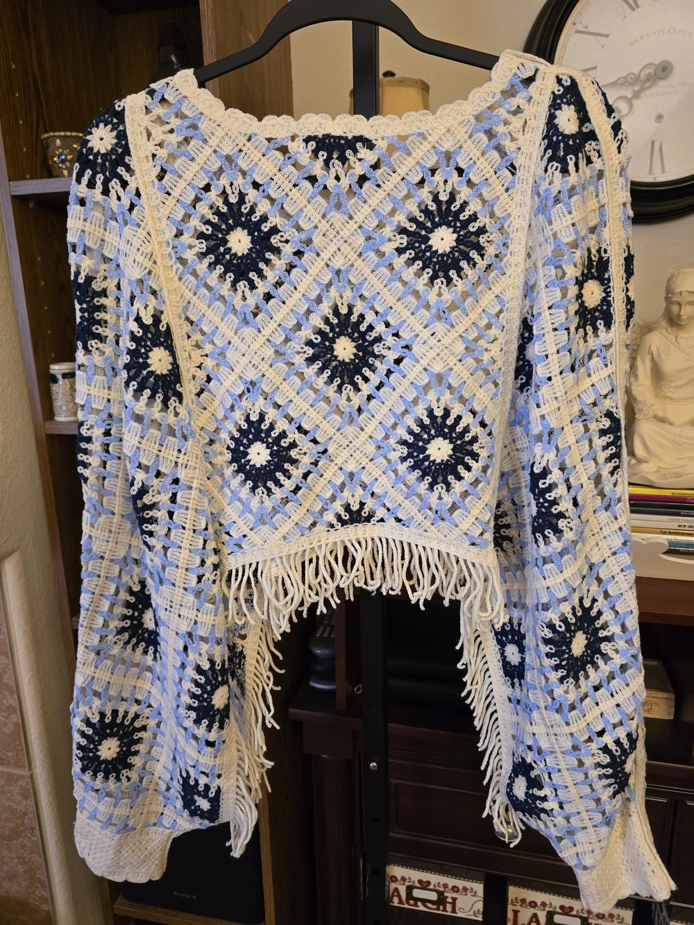 House of Harlow 1960 Crochet Sweater Blue Cream Granny Square Fringe Boho O/S - Picture 5 of 6